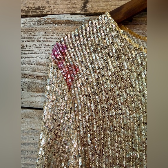 FREE PEOPLE Gold Sequin Floral Top Size Large Long Sleeve Sheer Stretch - Picture 3 of 6